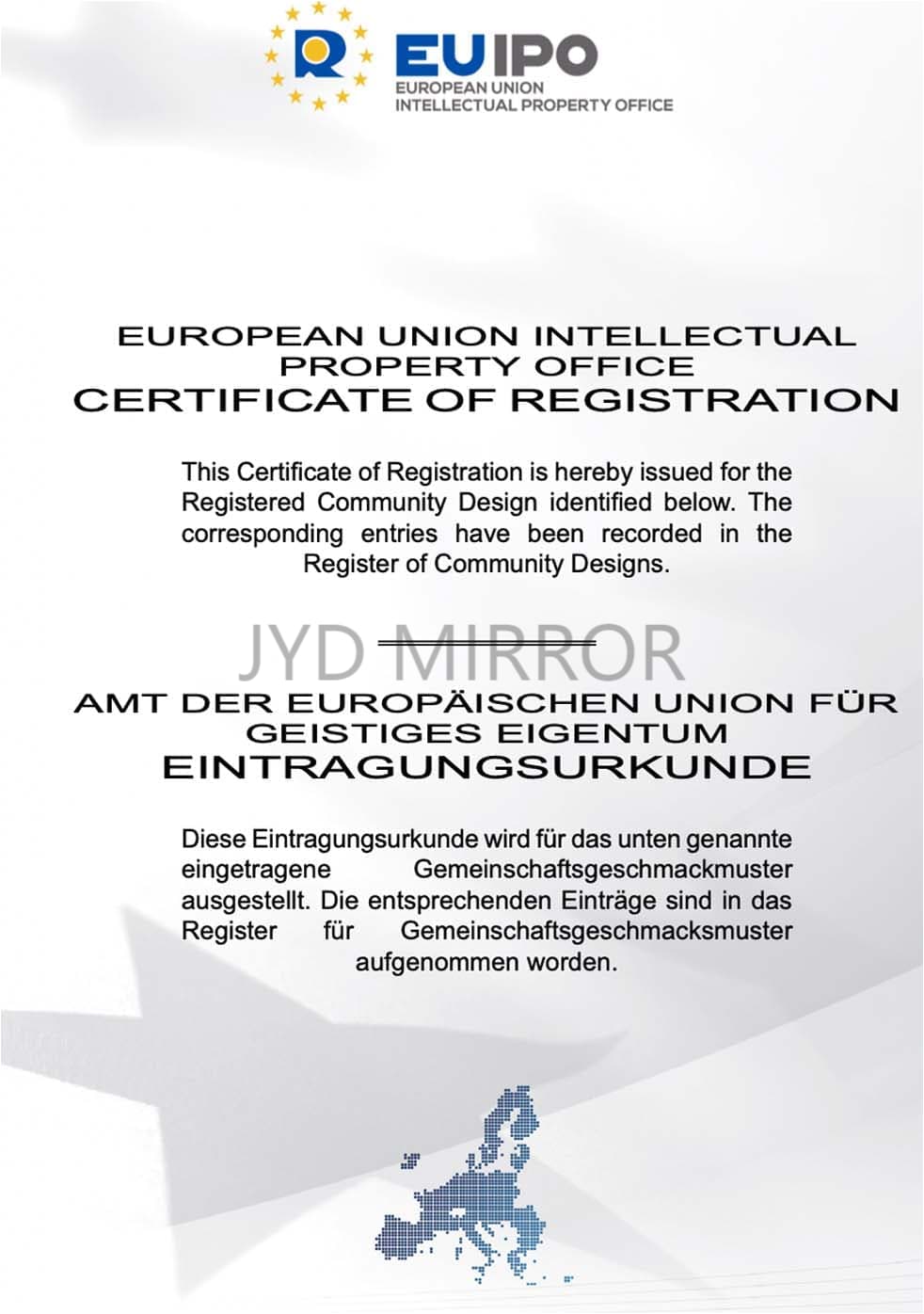 Certificado de patente de apariencia de la UE