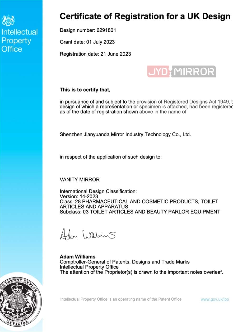 Certificado de patente de apariencia británica